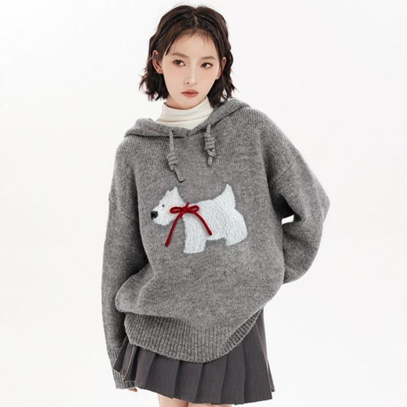 Grey Puppy Pullover Hooded Knitwear Women's Autumn New Thickened Retro Lazy Style Loose Sweater