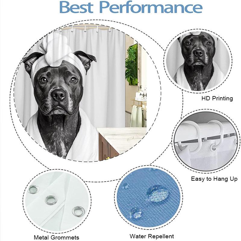 Pitbull Bathrobe Shower Curtain - Black & White Dog Design, Includes Turban & Robe, Polyester, 70.8X70.8 Inches, Washable