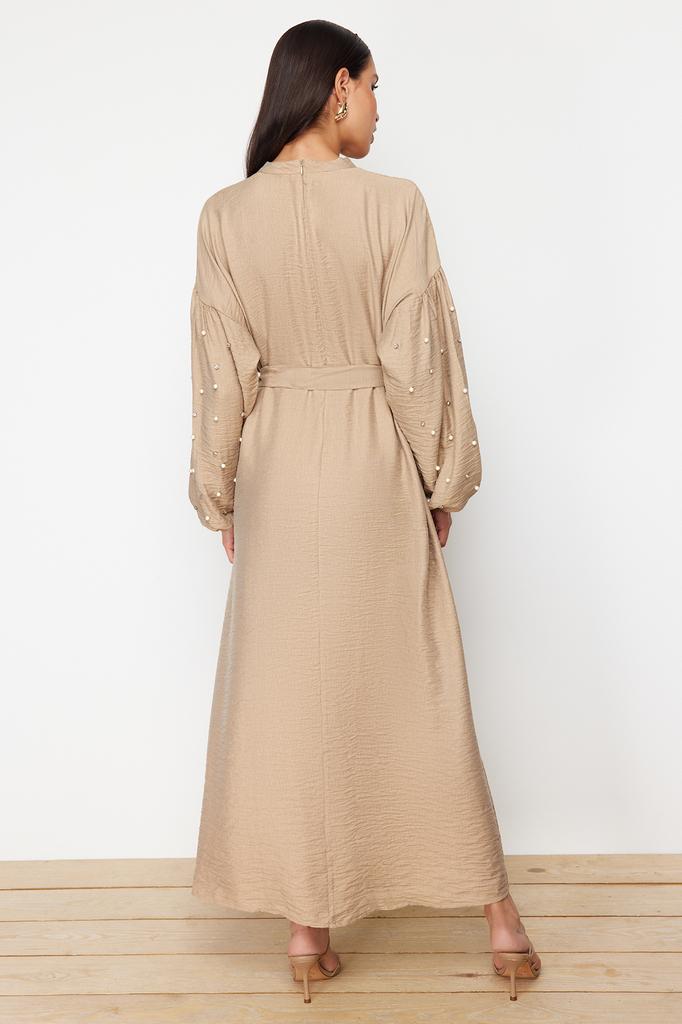 Women's Fashion New Hijab Dress Black Belted Pearl and Stone Detailed Woven Dress