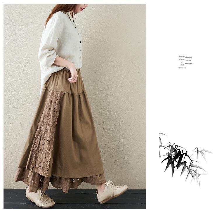 Japanese Mori Girl Linen Half Skirt: Women's Elastic Waist, Heavy Embroidery, Mid-Length A-Line Design.