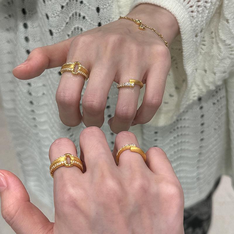 Classic frosted brushed ingot lock rings for women new in Chinese style retro micro inlaid diamond ring banquet  gift