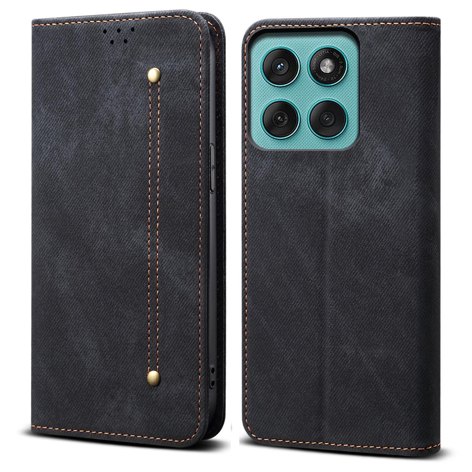 

Для Motorola Edge 60 Pro 5G Чехол Текстура Джинсовой Ткани Защита от Царапин Кожаная Подставка Чехол для Телефона Black