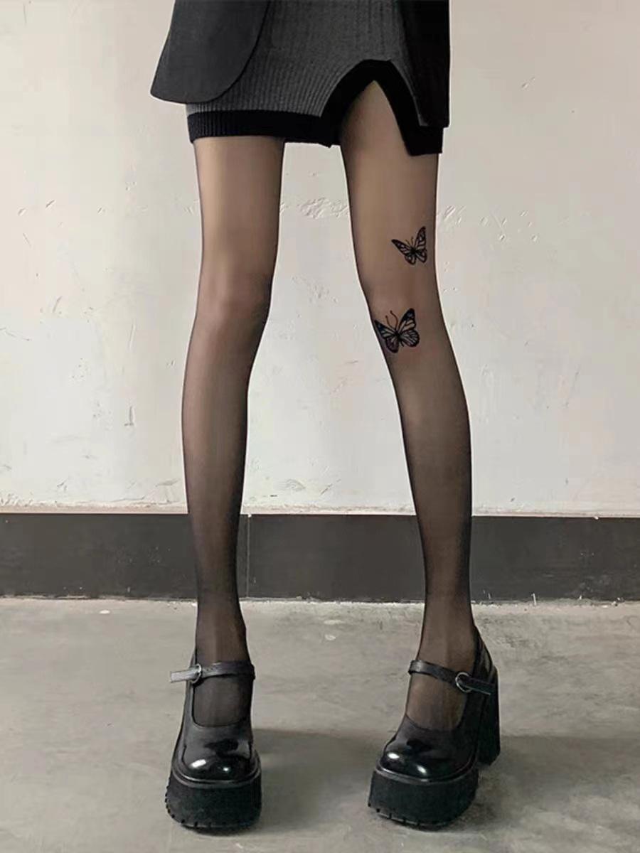 

Butterfly Print Black Anti-Snag Pantyhose - Skin-Beautifying Women s Base Stockings One Size