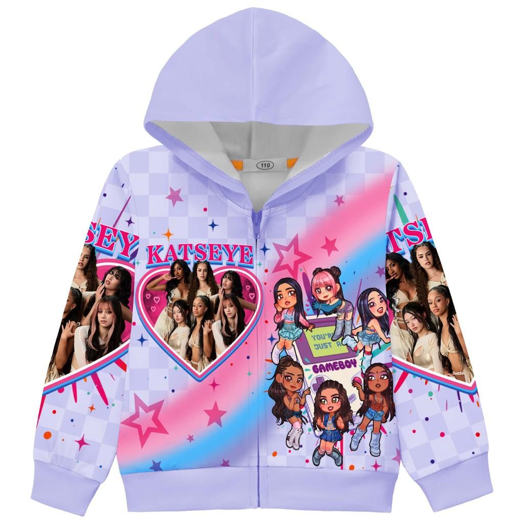 36374 Kids Girls KATSEYE Printed Long Sleeves Hooded Zipper Coat Jacket