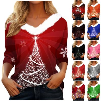 Damen T-Shirt Weihnachten Langarmshirt Party Weihnachten Fleecekragen V-Ausschnitt Top
