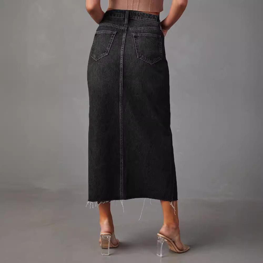 2024 Women's High Waist Washed Denim A-line Midi Skirt In European and American Style