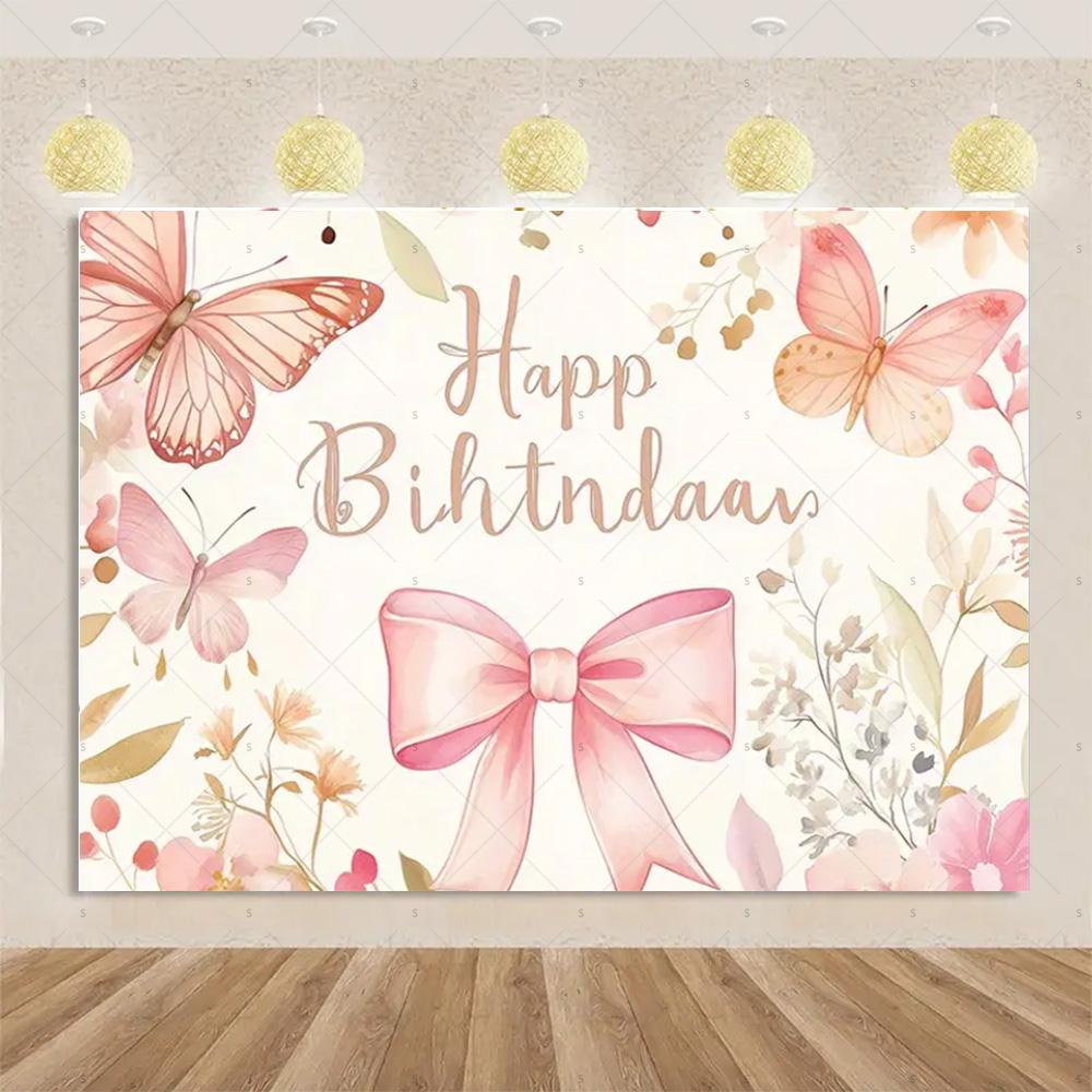 Pink Bow Tie Background Banner Girls Birthday Party Decorations Balloon Flower Photography Backdrop Supplies Photo Shoot Props