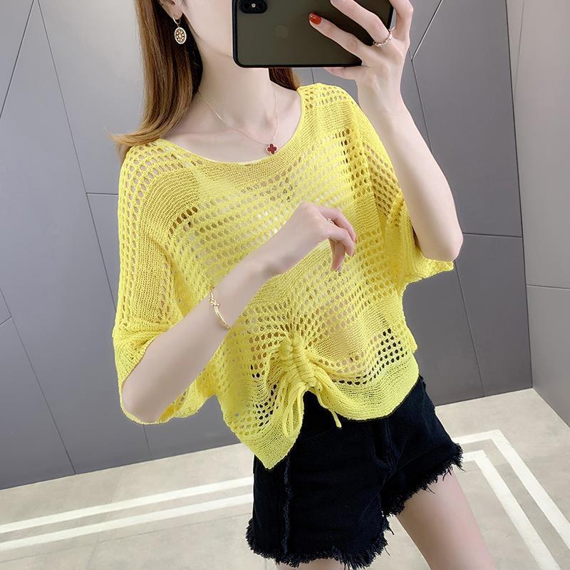 Hollow top knitted sweater women's summer bat-sleeved blouse loose short drawstring mesh shirt with suspenders