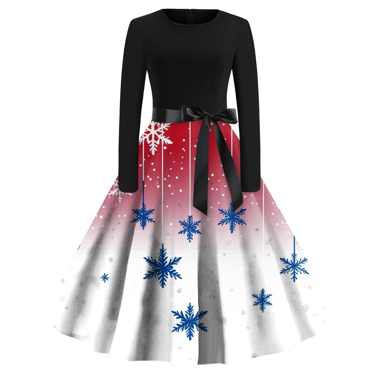 Women s Fashion Round Neck Casual Slim Christmas Printed Long Sleeve Dresses L