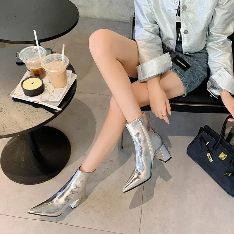 Fashion 2024 Autumn and Winter Hot Selling Comfortable Fashion High Heel Women's Boots Gold Silver Sexy Party Square Heel Women's Boots