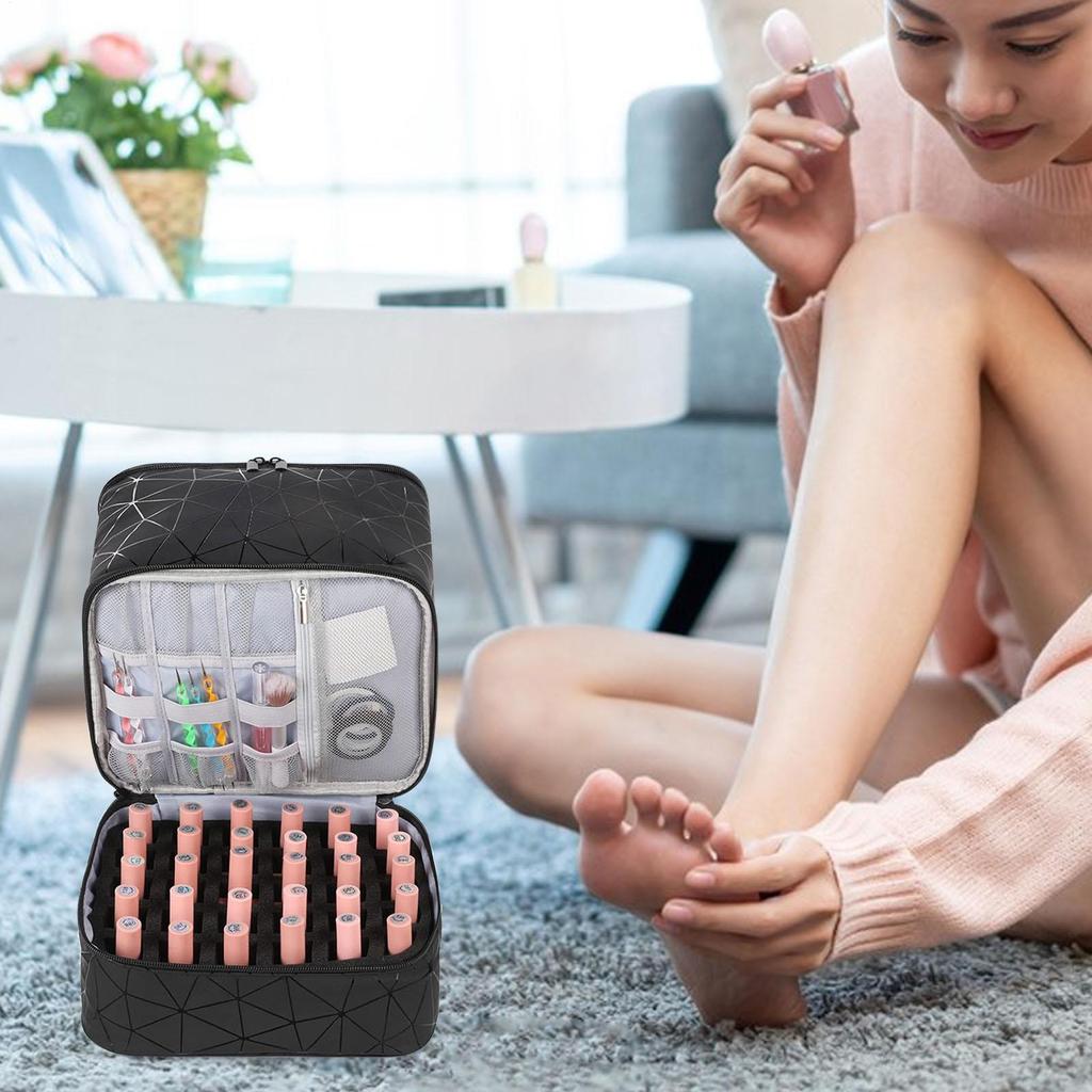30 Grids Nail Organizer Black/Pink Double Layer Manicure Bag with Handle PU Nylon Makeup Bag Cosmetic Organizer Case