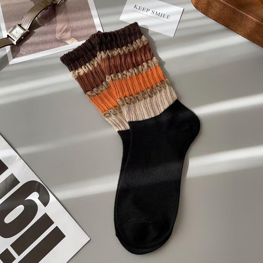 Women's Loose Cuff Striped Rainbow Socks - Korean Style, Internet Celebrity Inspired, Comfortable Spring/Autumn Fit, Retro Long Socks.