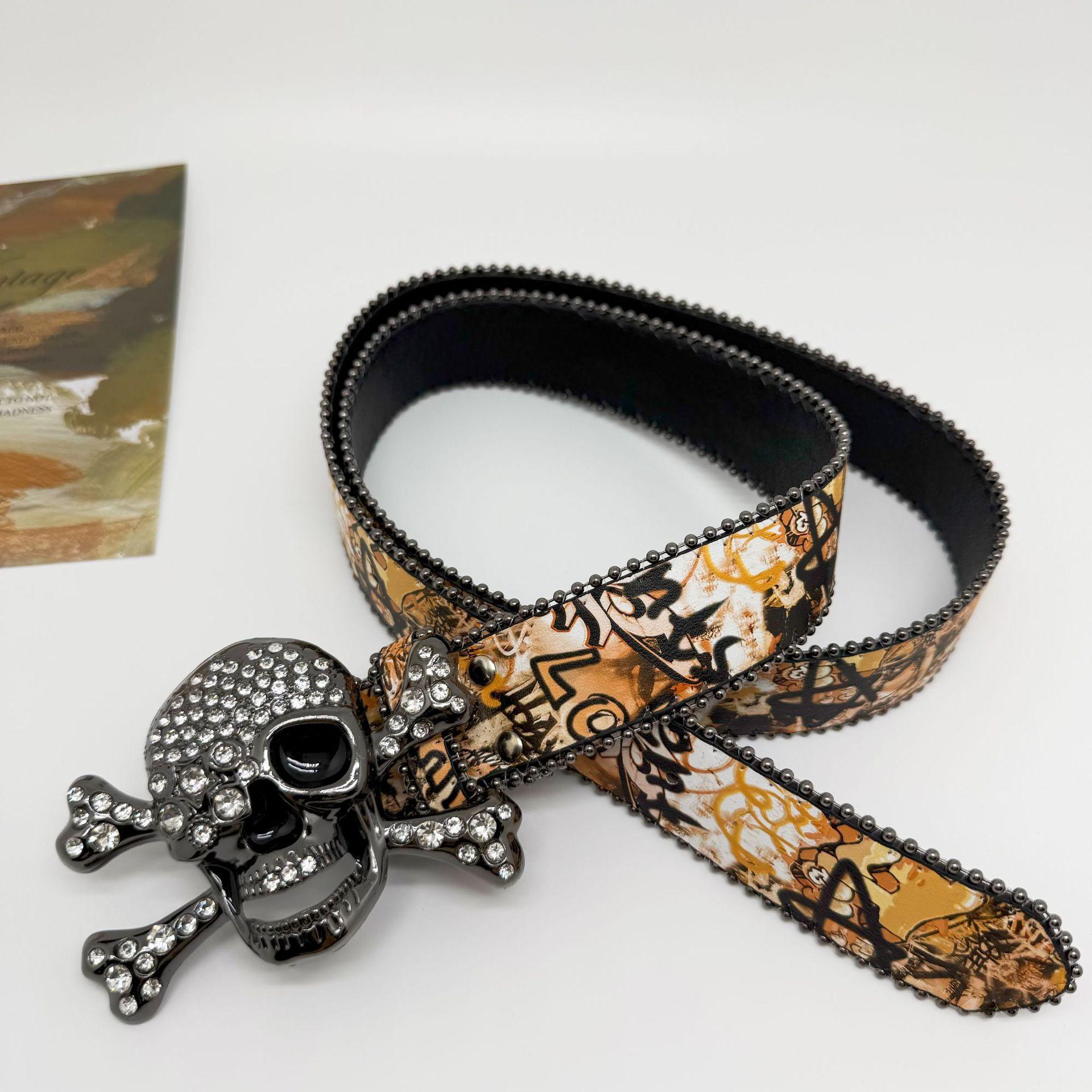 

Original Big Skull Rhinestone Printed Graffiti Belt Y2K Trend Leather Printed Belt Subculture Trend Punk 110cm жовтий