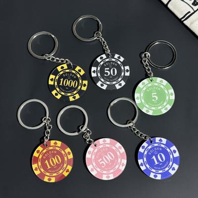 6 peças chaveiro de pôquer decoração de bolsa pingente anel de metal polido leve acrílico chaveiro charme acessório amante de pôquer