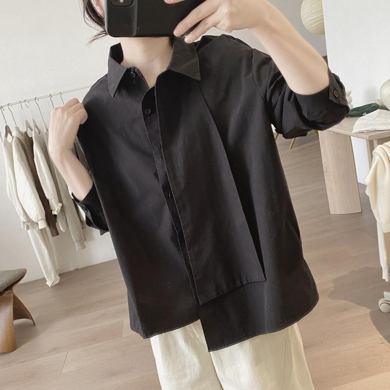 Irregular Women's Shirt Solid Color Chest Rectangular Layered Turn Down Collar Long Sleeved Blouse Spring New Style Loose Leisure Female Top