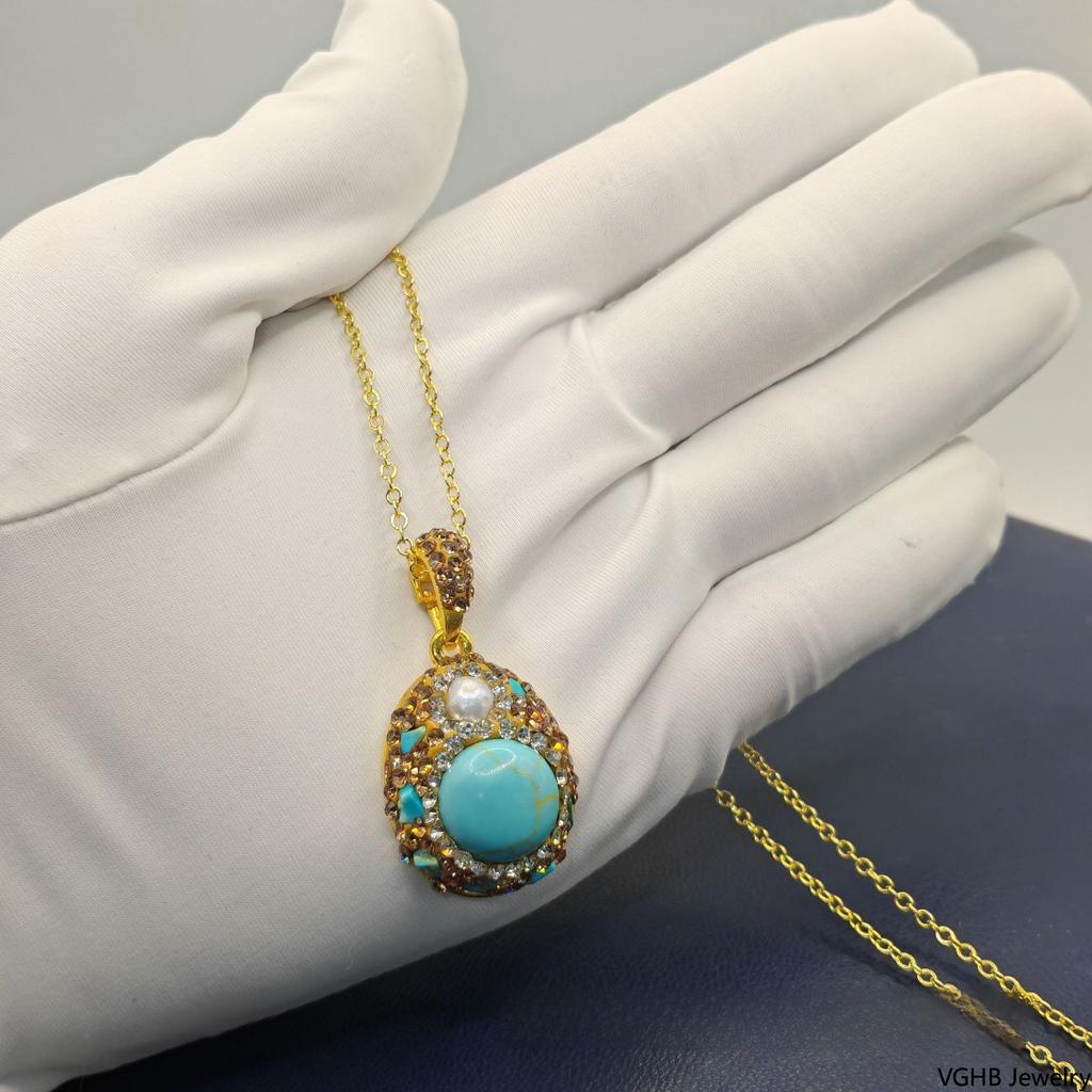 Natural turquoise pearl earrings three-piece set niche design high-end inlaid rough stone necklace jewelry set women