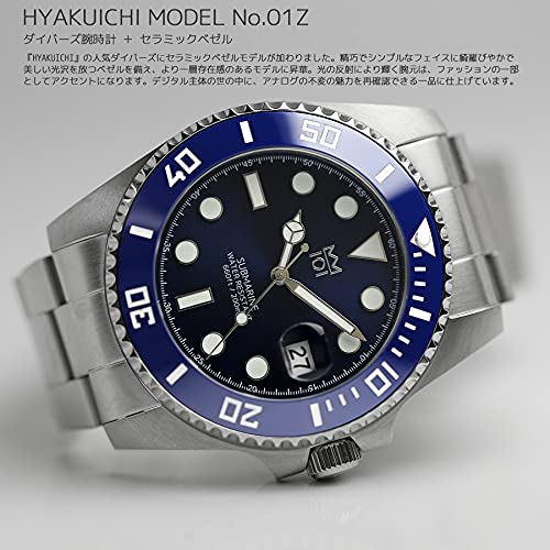 20 ATM wasserdichte Uhr Keramiklünette Kalenderuhr Metallband x [HYAKUICHI 101] Taucheruhr Herren (Blau Blau)