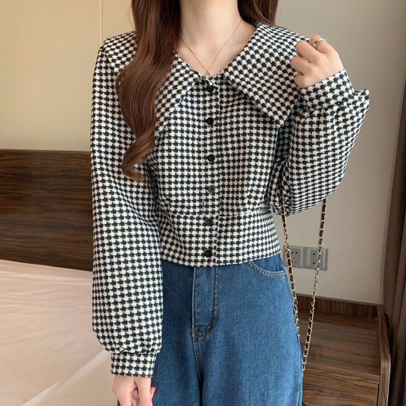 Houndstooth Doll Collar Shirt for Women Spring New Design Niche Shirt Long-sleeved Retro Short Top