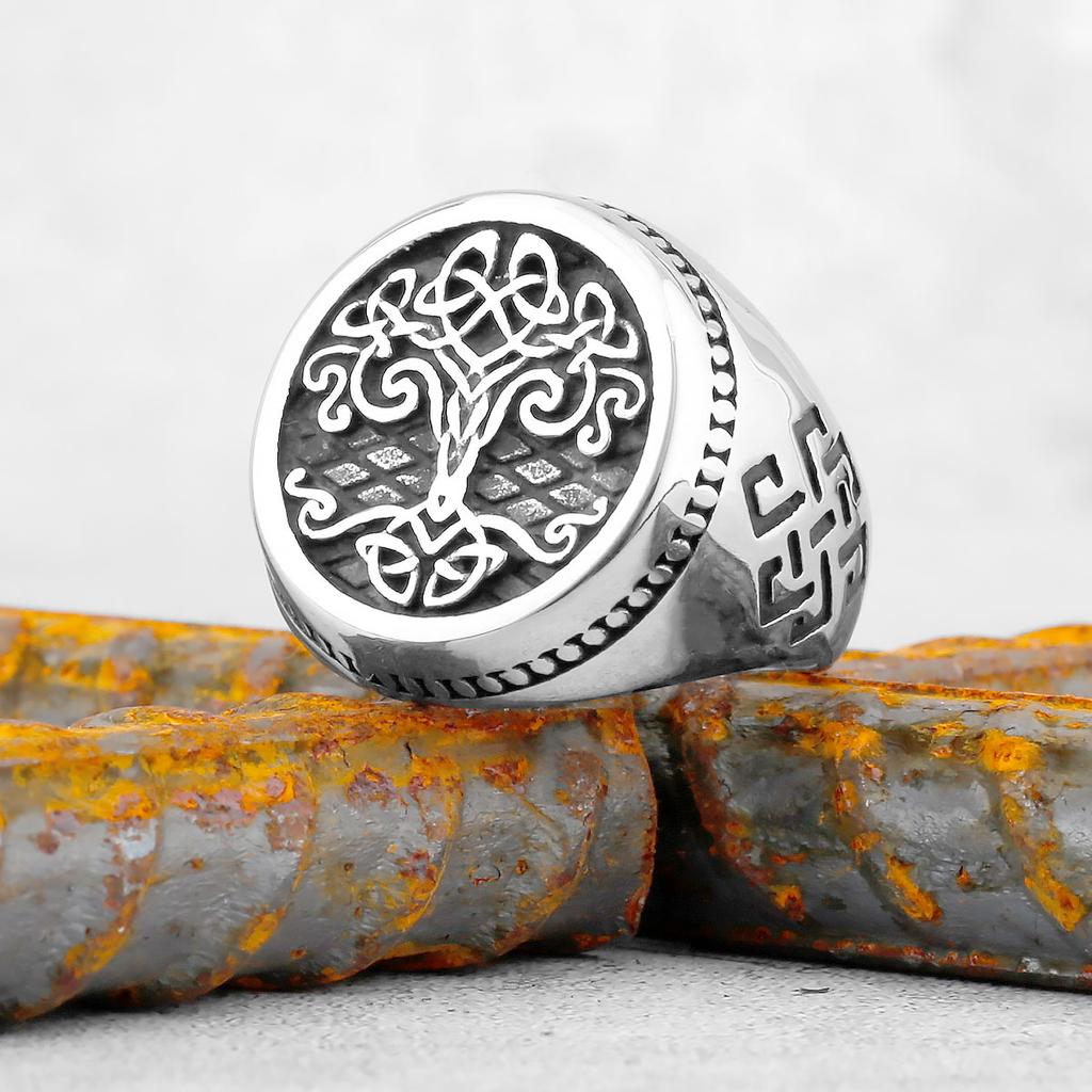 Viking Stainless Steel Ring Anchor Compass Tree of Life Nordic Viking Rune Wolf Men and Women Ring Jewelry for Boyfriend as Gift