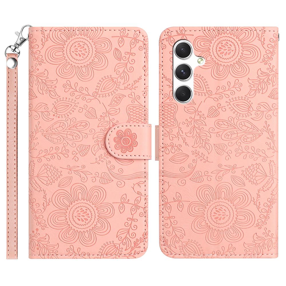 For Samsung Galaxy S25 FE Case Flower Imprint Leather Flip Wallet Phone Cover with Wrist Strap