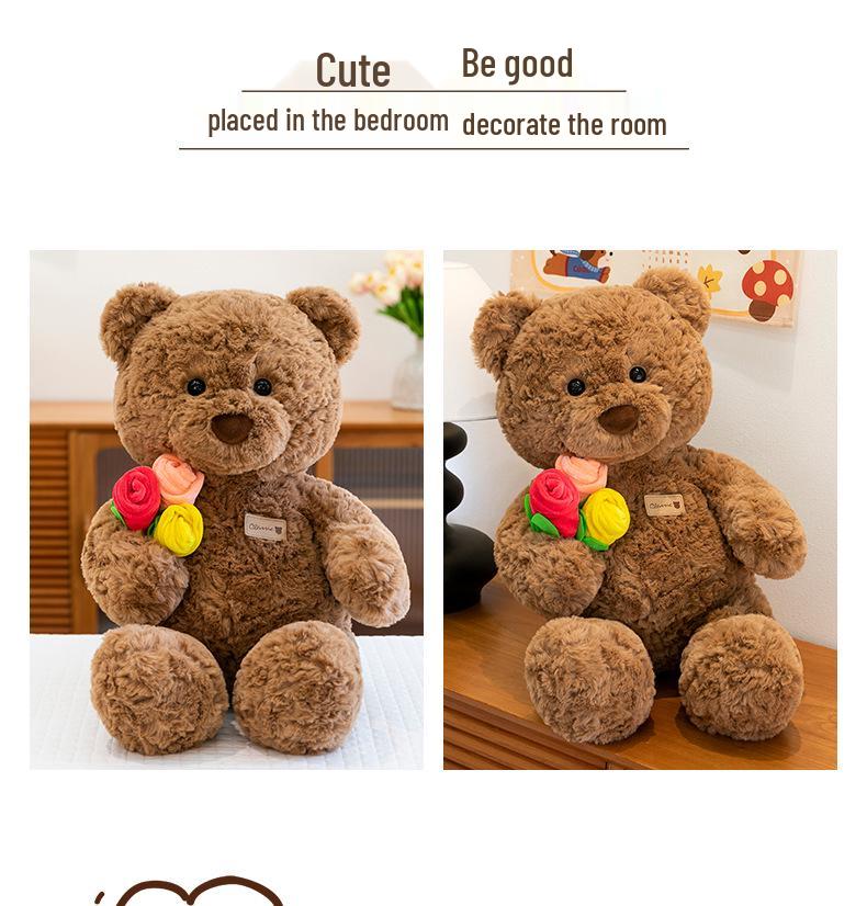 Small Teddy Bear Plush Toy with Flowers - Soothing Doll for Girls' Birthday Gift