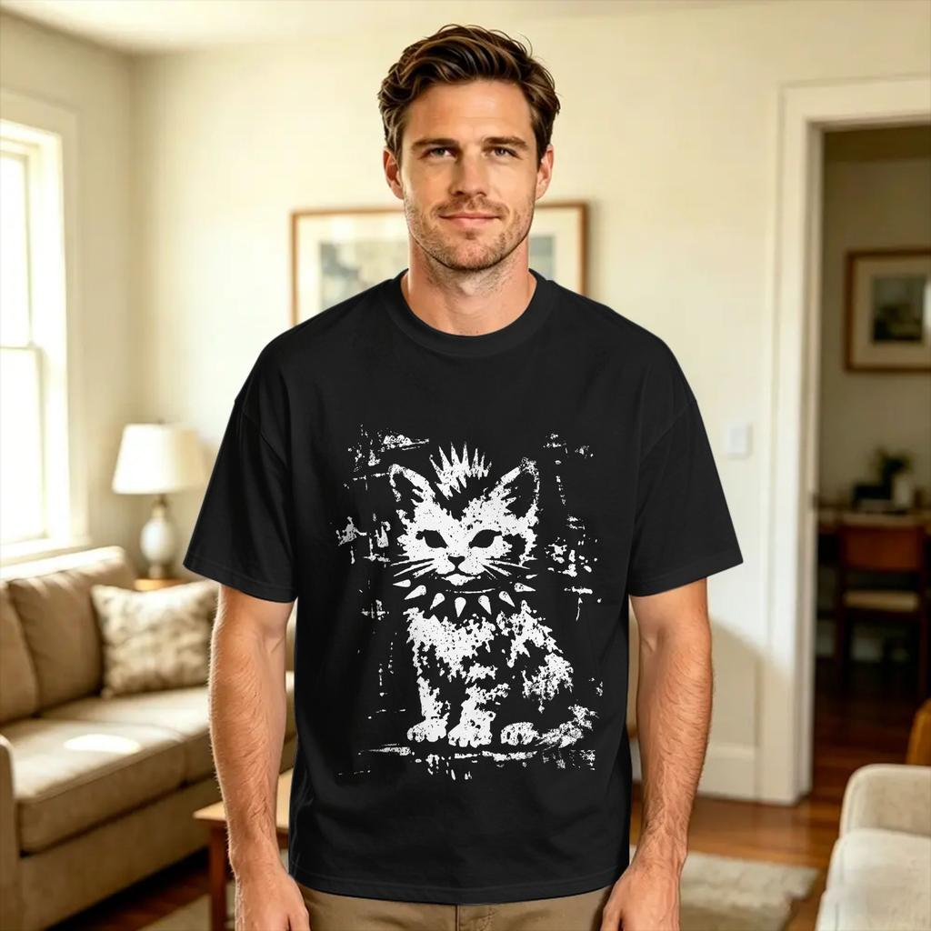 Oversized Tshirt Rocker Cat Punk Metal Rock And Roll Music Rock Cat Cotton Tshirts Novelty Tee Shirt For Unisex Summer Clothing