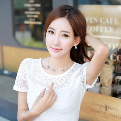 Summer Women's Self-cultivation Bottoming Shirt Round Neck Hollow Lace Chiffon Shirt Short Sleeves