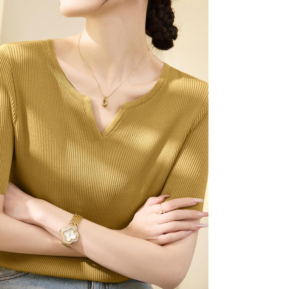 Knit Summer Short Cool to the Cut and Everyday Summer [Yino] Women's Sweater, Knit, Ribbed, Sleeve, V-Neck, Top, Stretchy, Touch, Thin, Versatile,