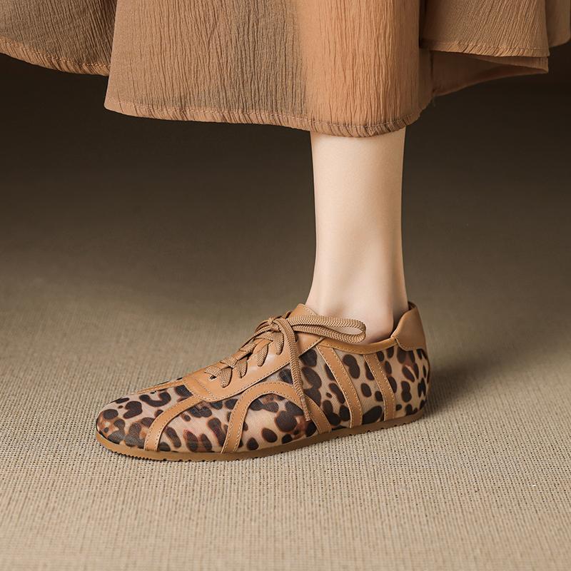 Fashion 2025 Fashion Mesh Leopard Lace Up Flat Shoes Casual Shoes Comfort Spring Summer Round Toe Casual Shoes Pumps Women Flat Pumps