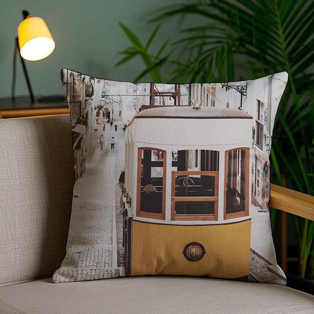 Spanish Beach Island Architecture Art Pillow Case Anti-dustmite Pillowcase Invisible zipper silky short plush Sofa cushion cover