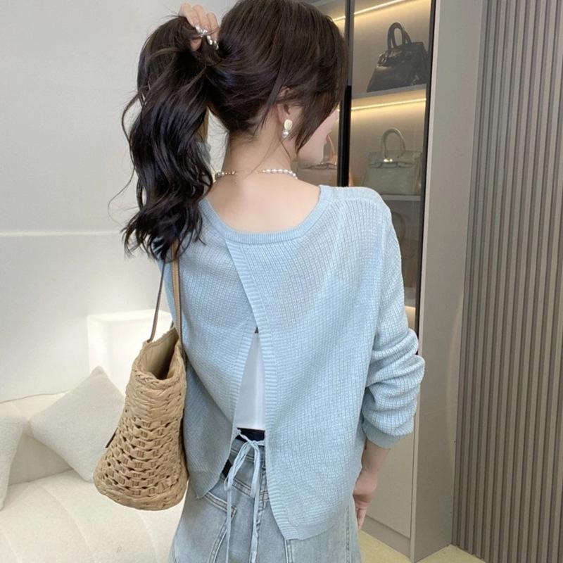 Dámský pletený kardigan z ledového hedvábí - Korejský styl, Lehký, Krátká šála se zadním rozparkem a vázáním, Perfektní svrchní oděv proti slunci