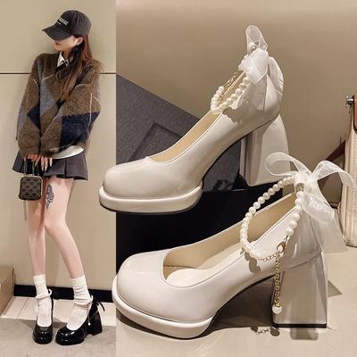 Bow String Bead Mary Janes Shoes Women High Heels Chunky Shoes Summer  Dress Lolita Shoes Party Shallow Pumps Femme Zapatos