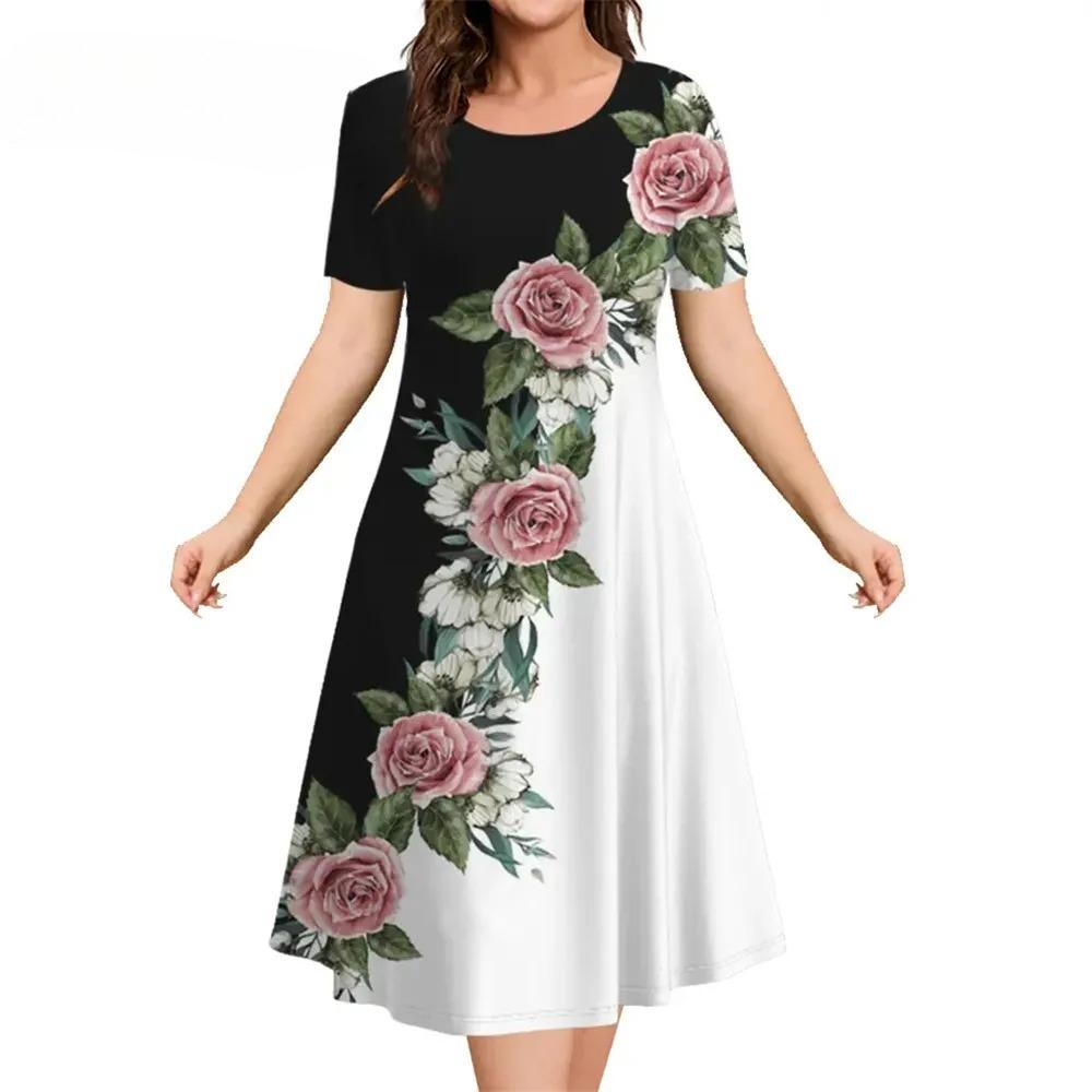 Loose Plus Size Dresses Women Flowers 3D Print Casual Summer Retro Short Sleeve Elegant Mini Dress