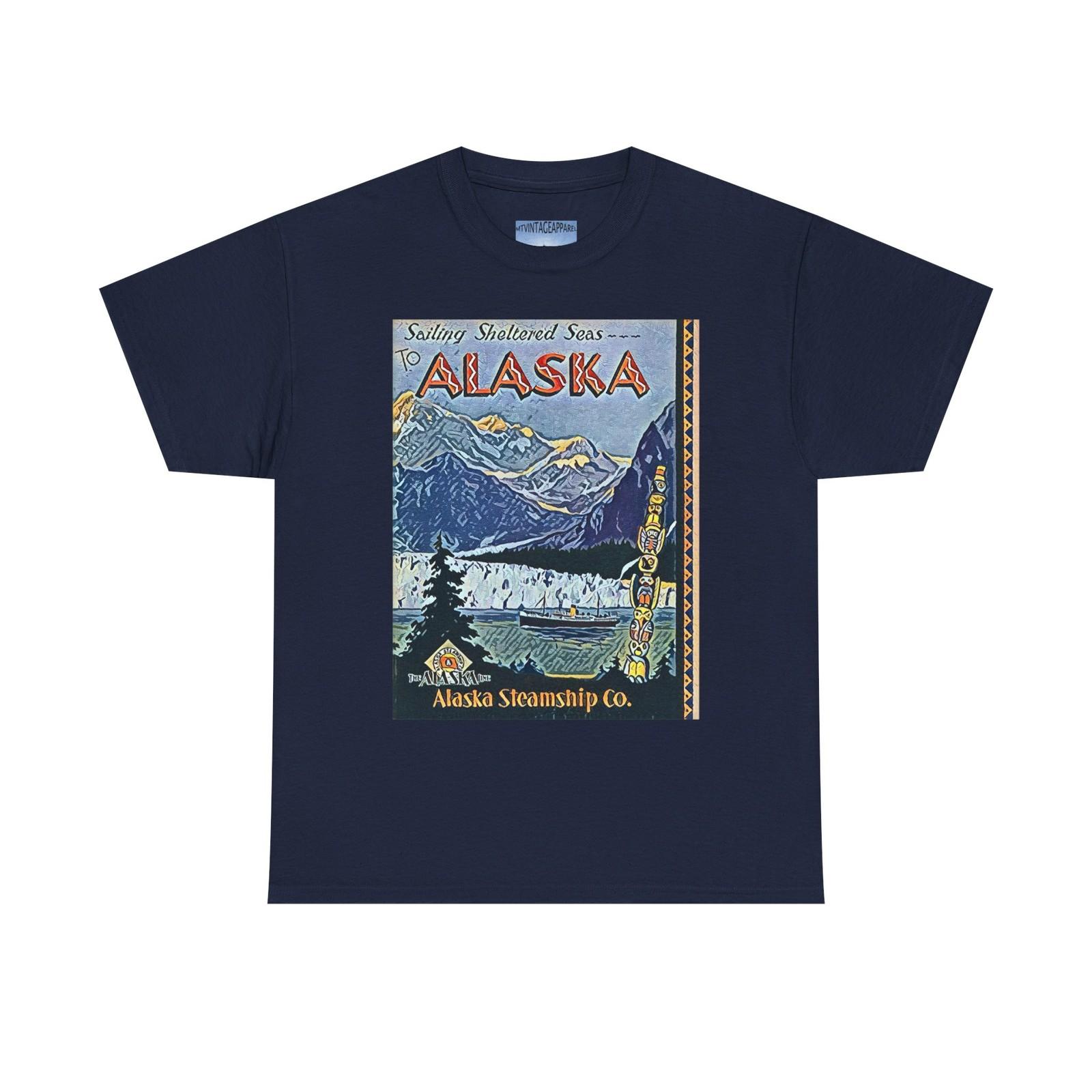 Alaska Steamship Retro Graphic Print Short Sleeve Unisex Tee Heavy Cotton Unisex T-Shirt L