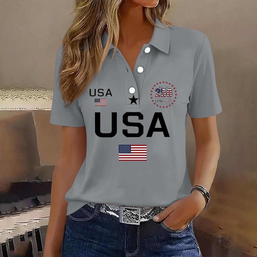 Damen Casual Kurzarm Knopf-Polohemd USA-Aufdruck 250. Jubiläum Grafik Leichtes Sommeroberteil