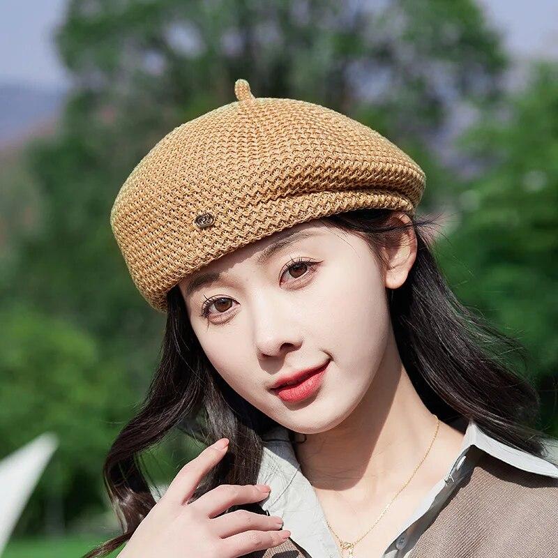 Women Fixed Pleated Paper Straw Beret Summer Milk Silk Knit Breathable Big Artist Fashion Newsboy Hat