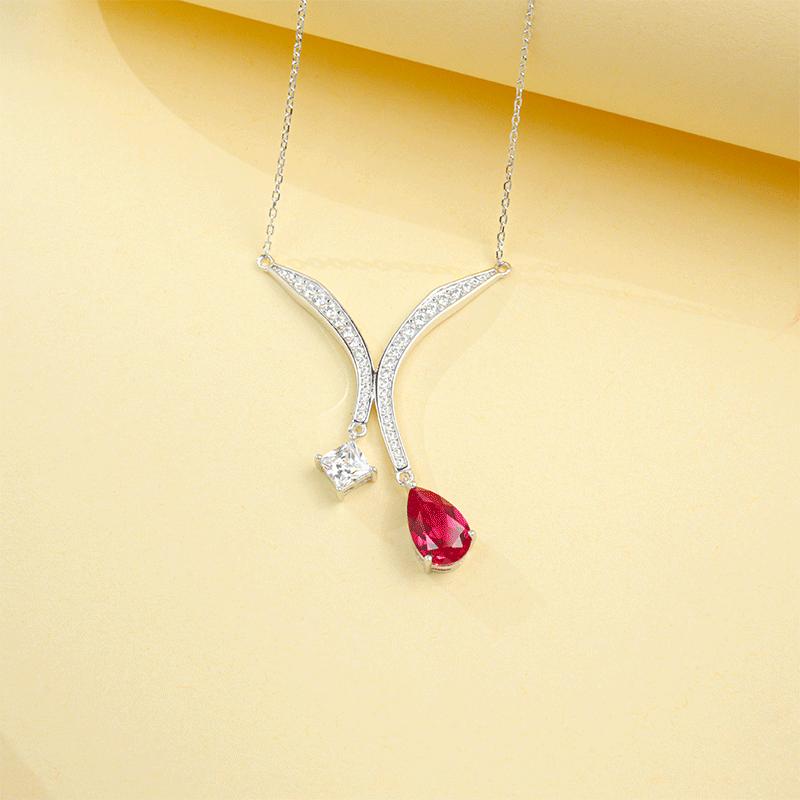 S925 Silver Diamond-Studded Teardrop Shape Pigeons-Blood Ruby Pendant Necklace European-American Style High-End Luxury