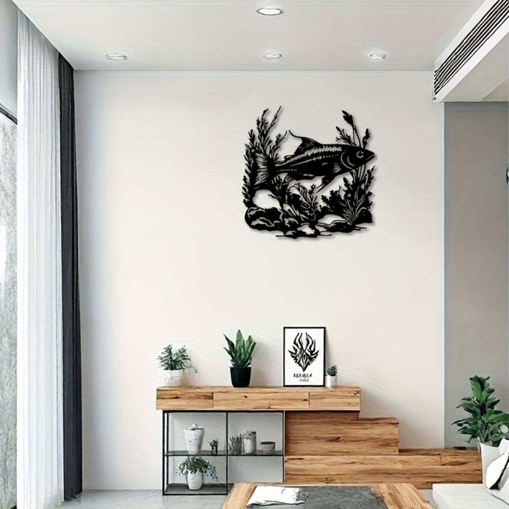 Metal Wall Art Fish Ocean Plants Rocks Black Home Decor Gift for Living Room Patio Beach House