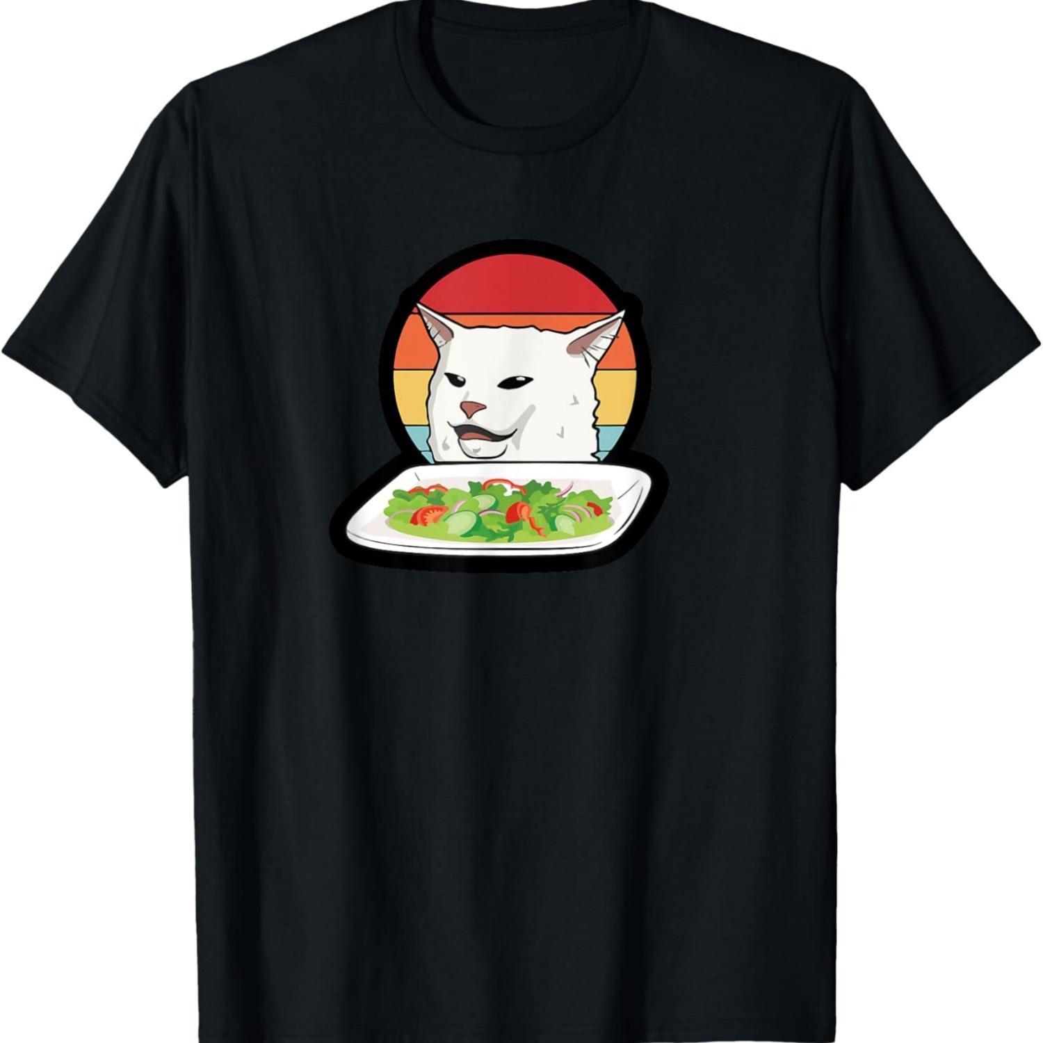 Funny Woman Yelling at Confused Cat Dinner Table Salad Meme T-Shirt S