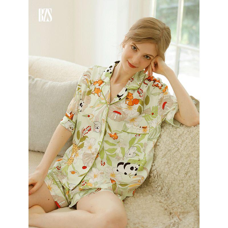 2024 Summer Jungle Party Tribute Satin Cotton Silk Pajamas Women Thin Short sleeve Shorts Cute Outer Wear Homewear