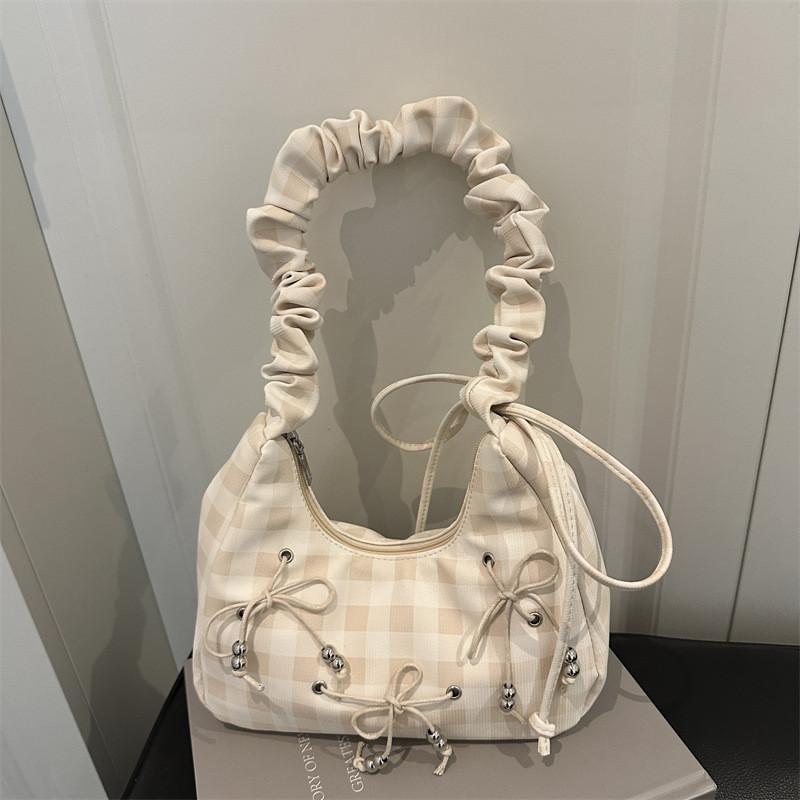 Canvas Bowknot Plaid Cloud Shape Shoulder Bag For Casual Daily Use