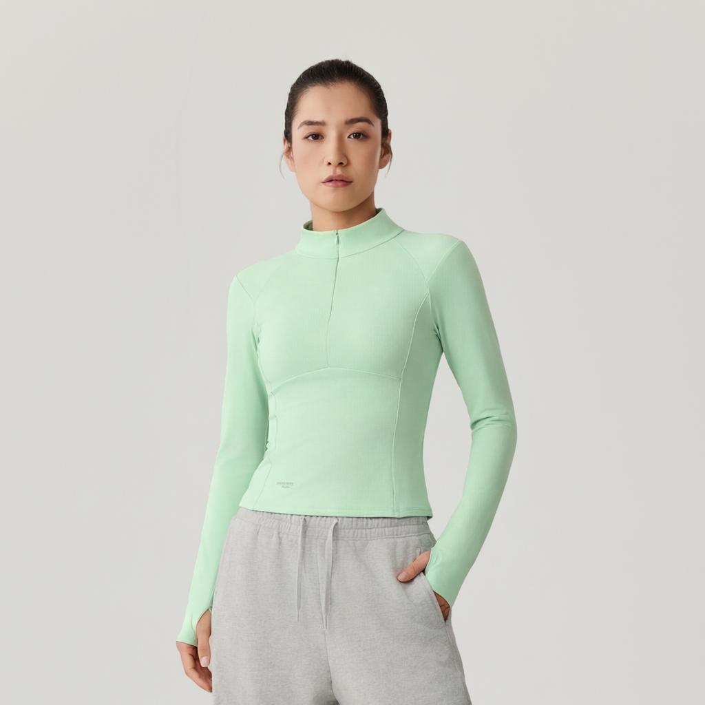 Skechers Freedom Fitness Logo Slim Fit Stand Collar Knitted Long Sleeve T-Shirt Women tops Smoke-Green P125W105-0312