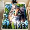 Mehrgrößen-Katze mit blauem Blumenmuster Decke Flanellmaterial Weich Warm für alle Jahreszeiten Zuhause Outdoor Camping Picknicks Wohnmobil