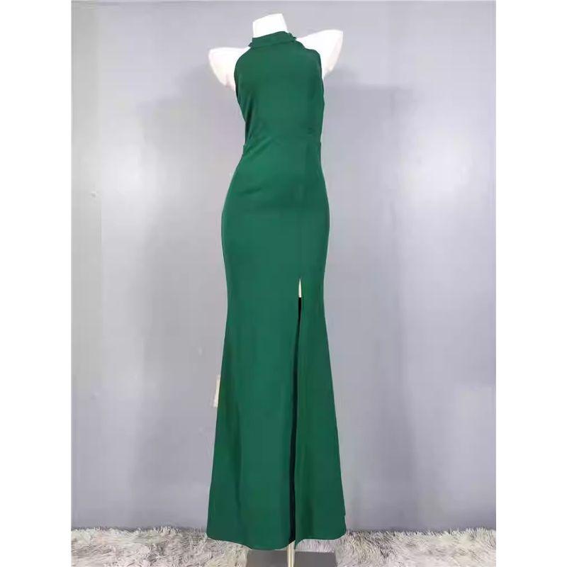 

French Style Stand-up Collar Cinched Style White Green Split Fishtail Gown Open Back Party Host Dress White and Green XS