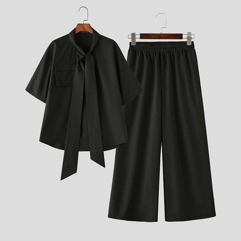 

INCERUN Мужские костюмы из двух частей: рубашки с коротким рукавом на завязках и длинные брюки L чёрный