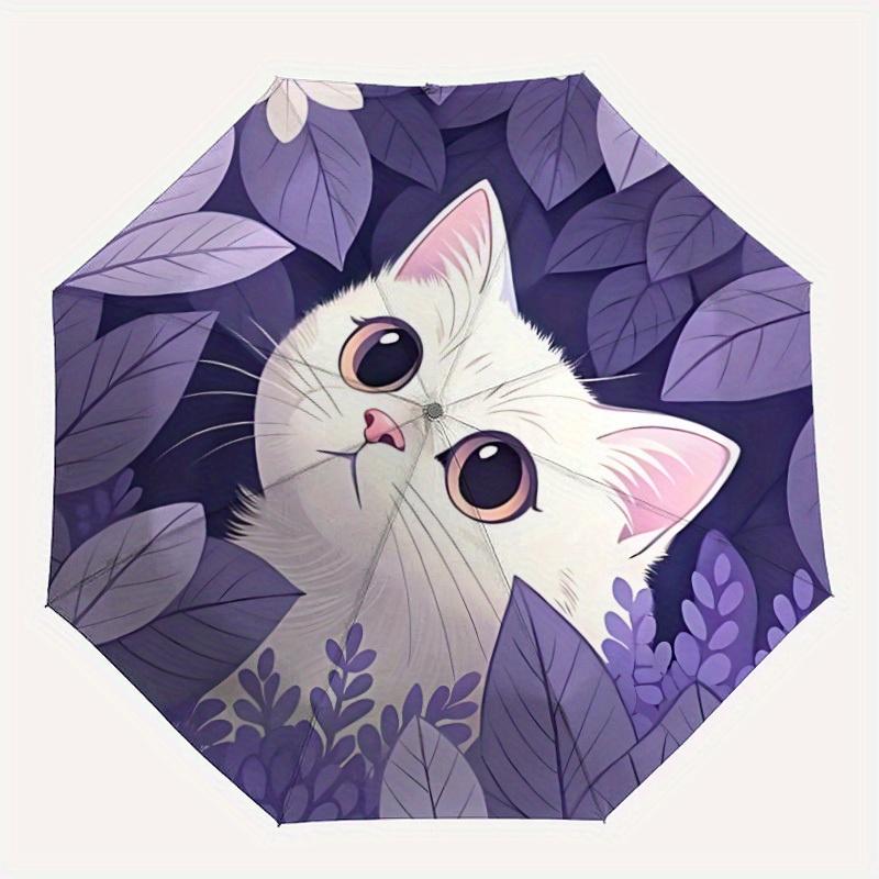 

1pc Kitten Leaves Automatic Folding Umbrella, 8-Rib Sturdy Canopy, Portable Travel Umbrella for Outdoor Use