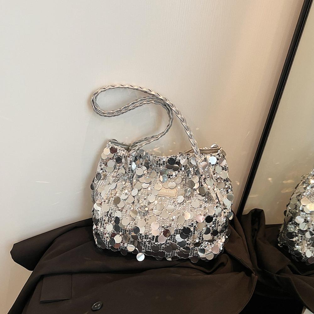 

New Sparkling Sequin Shoulder Bags Large Capacity Zipper Closure Fashion Handbag Solid Color Tote Bag Women срібний