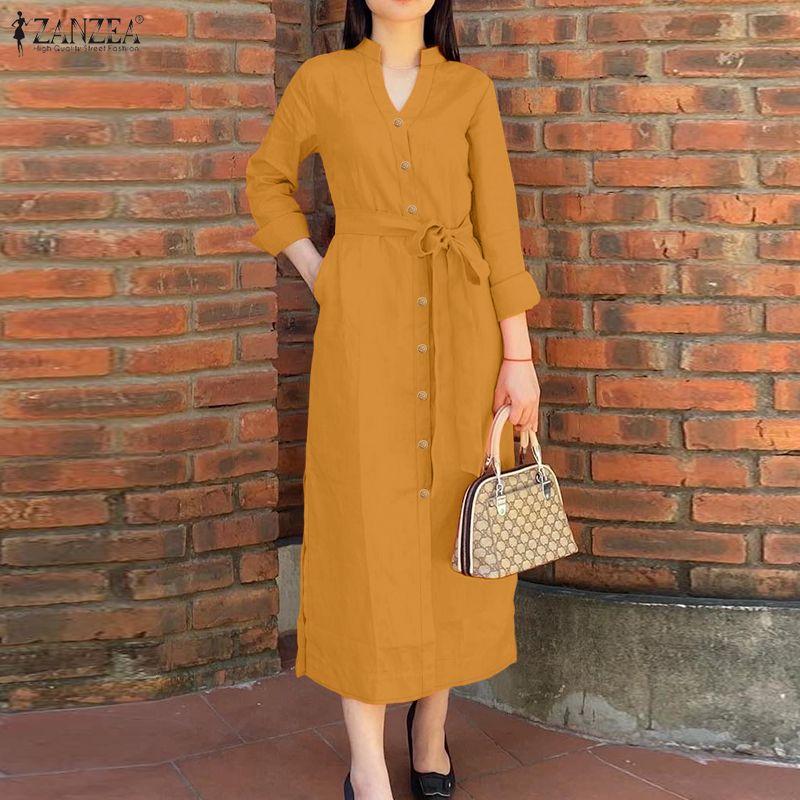 ZANZEA Lässiges, lockeres Kleid mit Stehkragen und langen Ärmeln für Damen