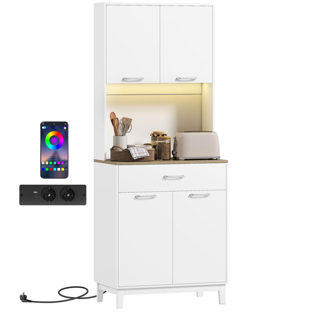 Kitchen Buffet, High, LED Lighting, Charging Station, 4 Doors, Drawer, Worktop, White