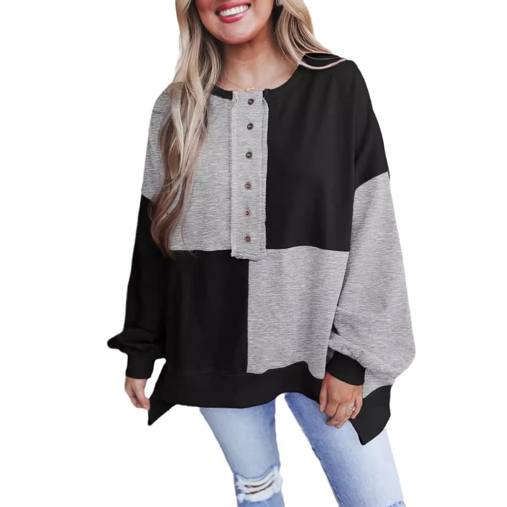 Women's Long Sleeve Color Block Knit Top with Button Front in Multiple Colors